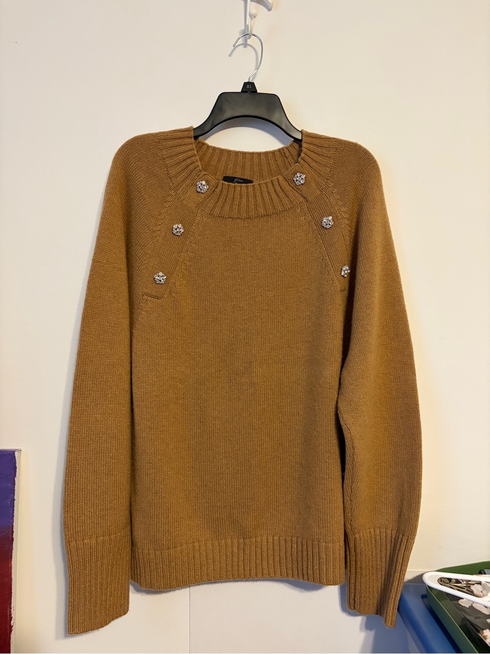 J. Crew Women’s Camel Brown Crewneck Sweater with Jeweled Button Accents
